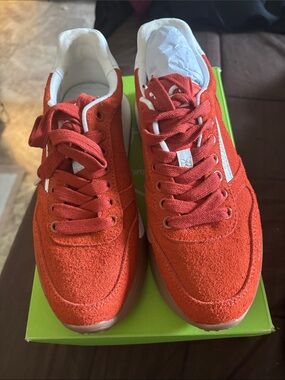Red Suede Low-Top Sneakers with White Trim